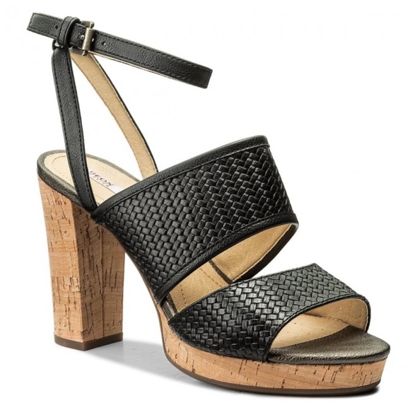 Geox Mauvelle Black Leather ankle strap block heel sandal platform dress shoes 8 - Picture 6 of 12